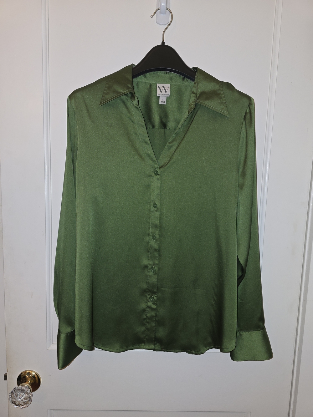 Worthington Deep Green Satin Button-Up Blouse LARGE